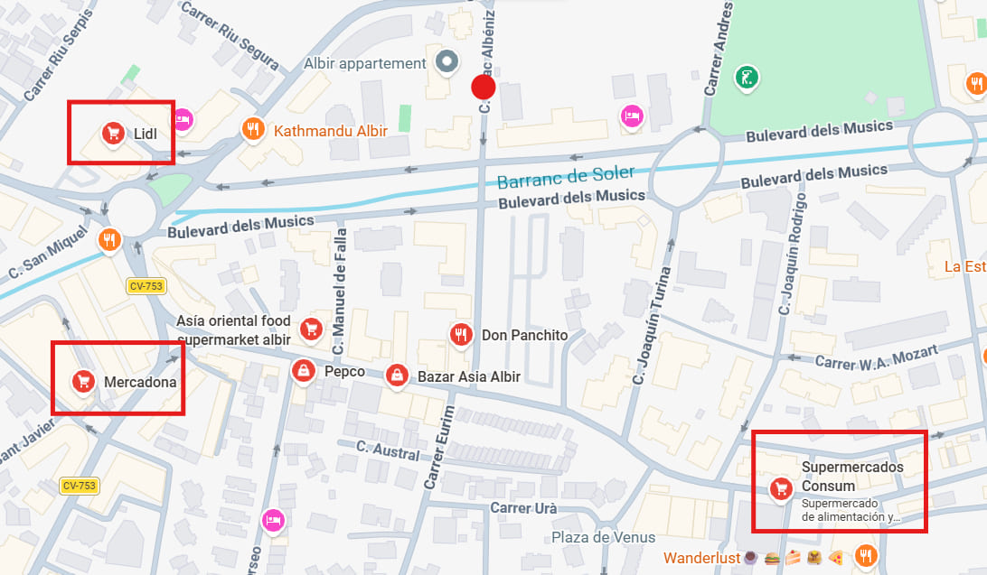 Mapa con Mercadona, Lidl y Consum señalados