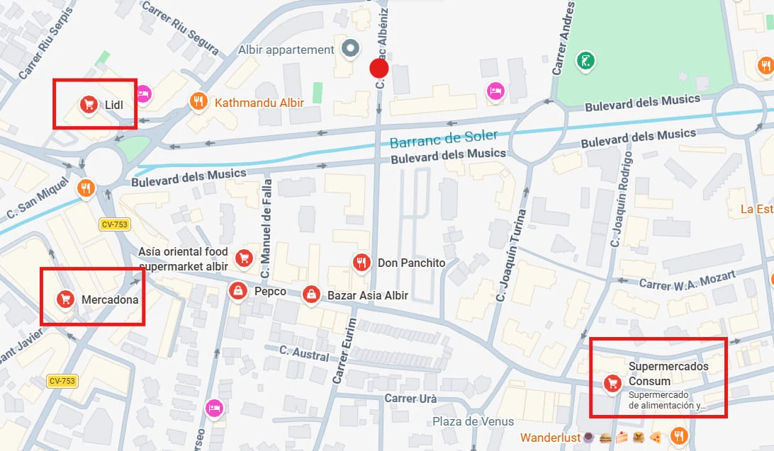 Mapa con Mercadona, Lidl y Consum señalados
